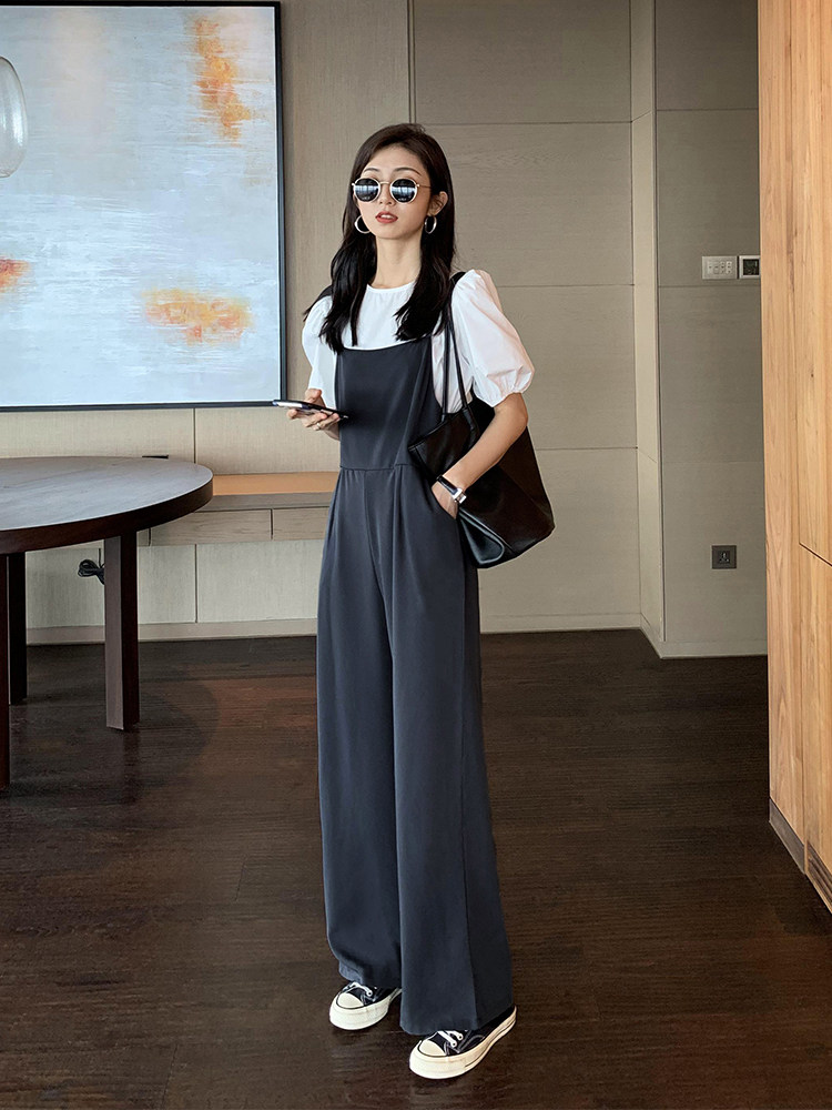 South Korean black harnesses even body pants women 2021 Summer dating slim fit with high waist loose and covety bag wide leggings