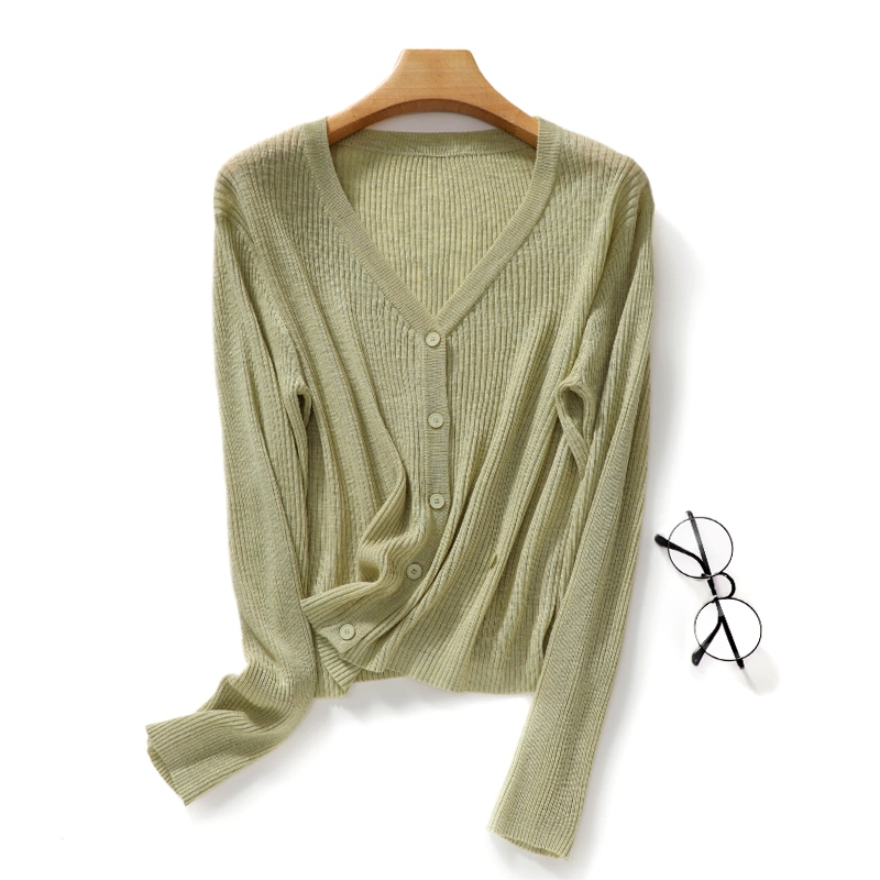 Summer Lightweight Bamboo Knit Cardigan for Women, V-Neck Top, Long-Sleeve Ribbed Outerwear, Sun Protection Air-Conditioning Shirt Jacket