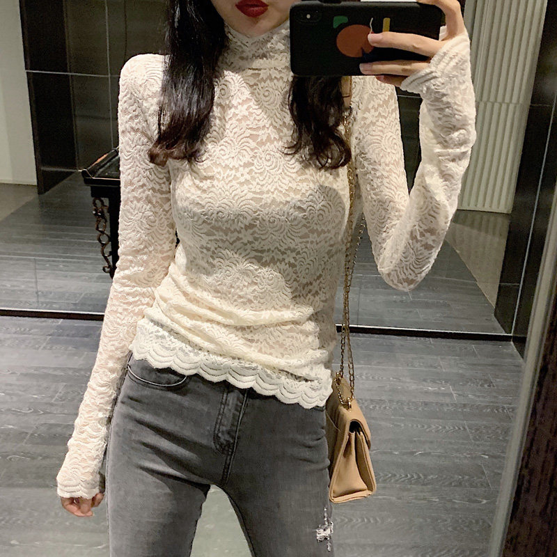 Semi-high collar lace base shirt women's inner match 2021 autumn and winter new Foreign school T-shirt Korean version of the wild top women's fashion
