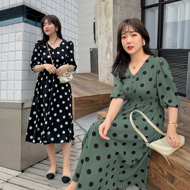 Đầm dự tiệc lớn mùa hè 2020 phiên bản mới của Hàn Quốc phân bón cộng với kích thước cộng với kích cỡ của chị gái béo MM sóng dài váy - Váy eo cao