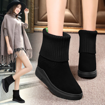 2020 Autumn and Winter new leather boots female thick soled Korean version of inner tube elastic wool boots snow boots