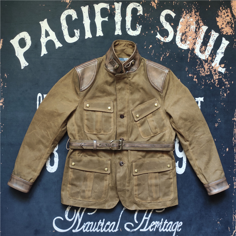 (Prickly) 16OZ Soft Wax Waterproof Craft Canvas Mid-Long Section Leather Retro Hunting Jacket