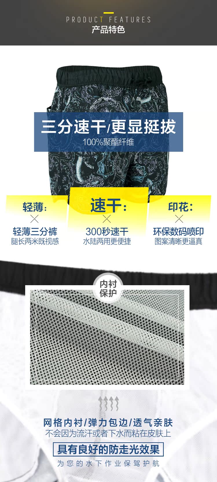 BoardDanny nam ba điểm lót quần bãi biển bên bờ biển suối nước nóng bơi thân nhanh khô quần short thể thao quần áo đi biển hoa quả	