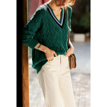 @ZYH464149VG] French elegant thickened diamond-shaped twisted flower contrast color V-neck lazy wool loose sweater