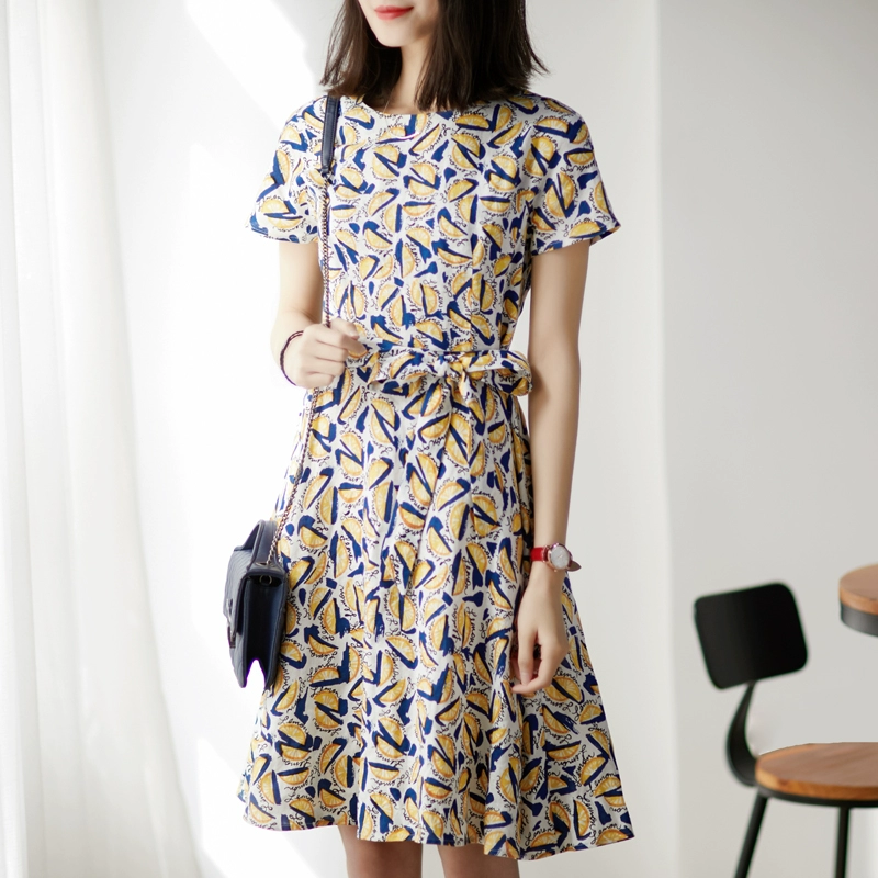 の [A553207] 笑 涵 阁 100% linen Anh retro cao eo tie dài ăn mặc mùa hè đầm sơ mi trắng that eo