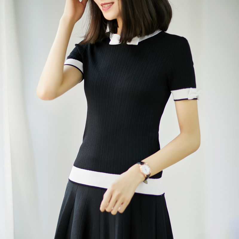 A [A605396] Cười Hange mùa hè tinh tế một khu vực nhỏ màu sắc tương phản đường viền cổ áo cung là đầu dệt kim mỏng áo len mỏng