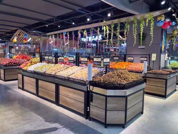 Supermarket Stainless Steel Fruits Vegetable Shelving Fresh Convenience Store Multilayer Middle Island Show Shelves Versatile Fruit And Vegetable Shelving 