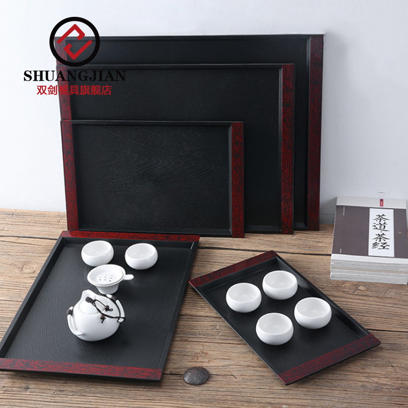 Double sword tray Japanese tea tray plastic imitation wood grain rectangular anti-skid plate fruit plate guest room plate hotel water cup plate