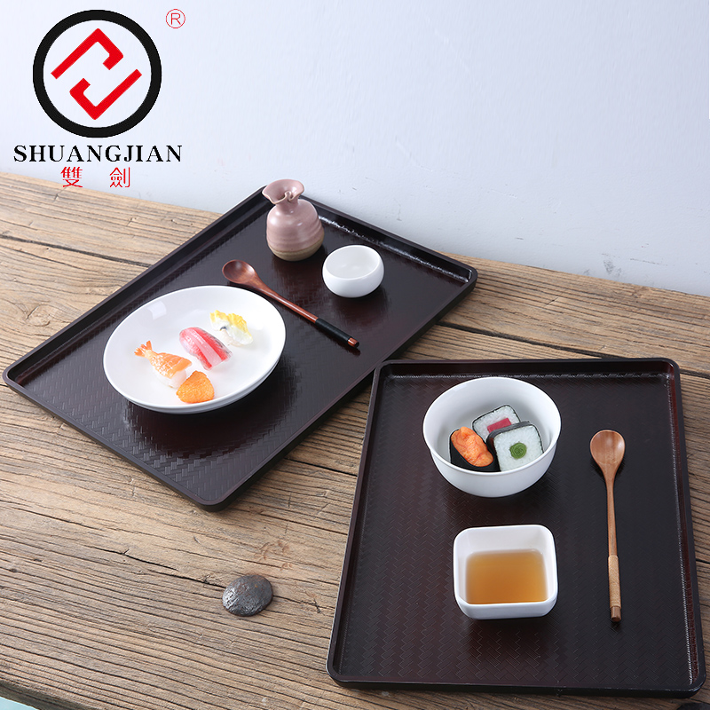 Double sword Japanese tray fast dining room plastic rectangular dinner plate water cup bamboo pattern tray household hotel supplies plate