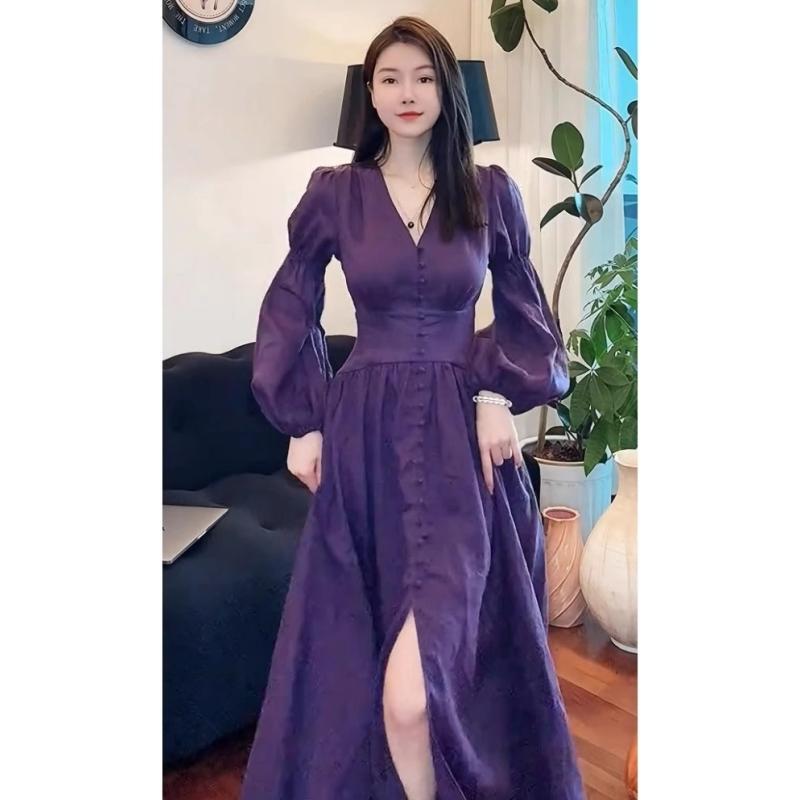 Simple, Elegant and Stunning Dress, 2024 Early Autumn French Style, Waist-Cinching, Purple Long-Sleeved, Beautiful Little Dress