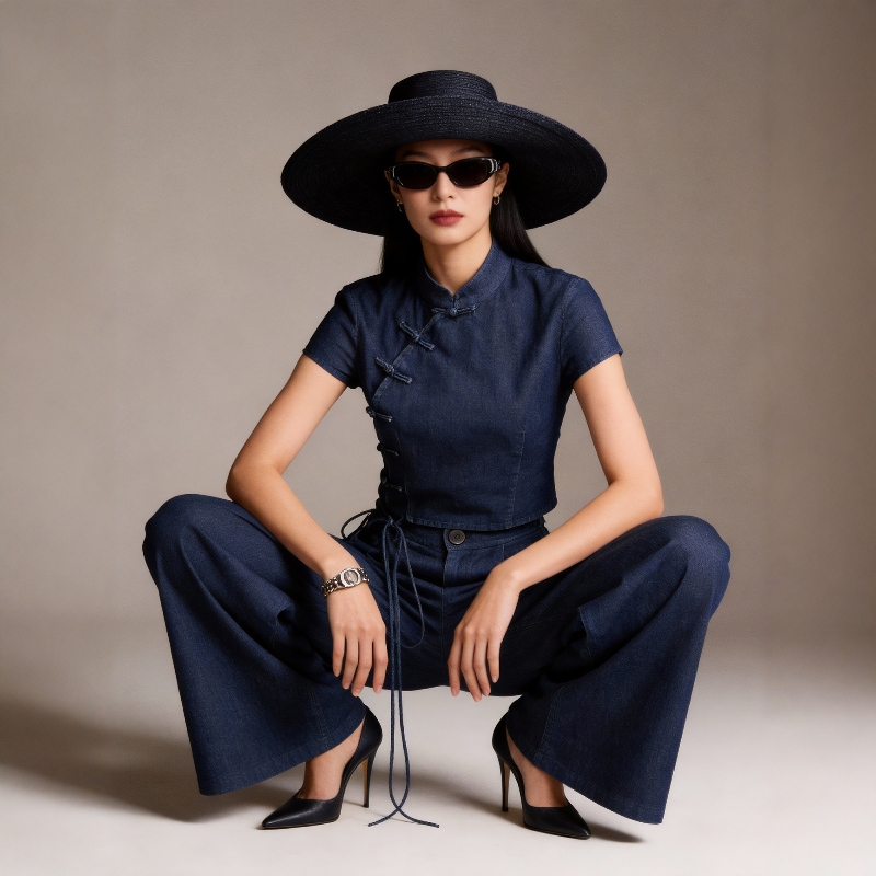 Huayun Fenghua·Denim Suit Women's Summer Designer Niche Small Fashion New Chinese Style National Style Complete Set Huayun Fenghua·Denim Suit Women's Summer Designer Niche Small Fashion New Chinese Style National Style Complete Set