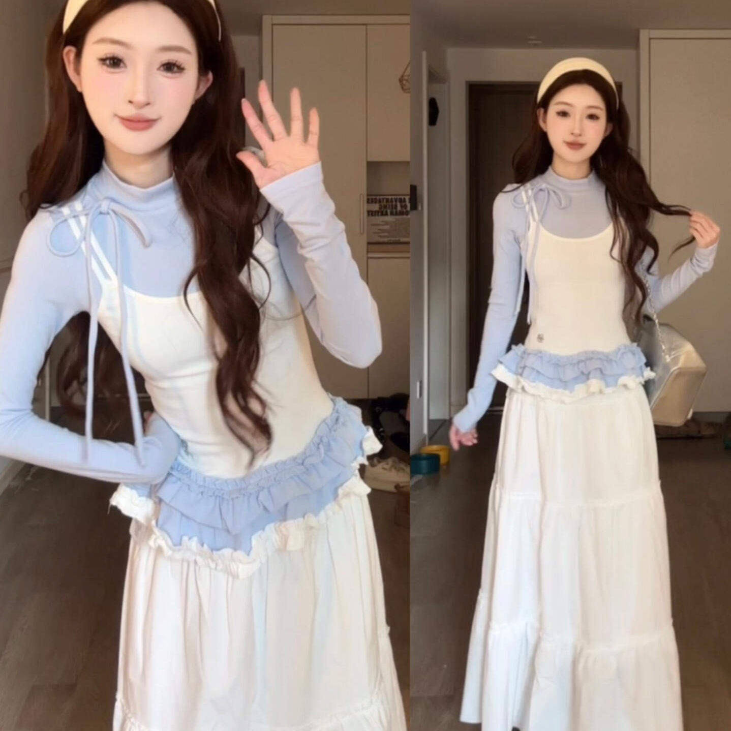 French ballet style patchwork camisole long-sleeved t-shirt for women, autumn, petite and elegant, ruffled hem, flattering and trendy.