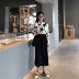 Bộ đồ mùa thu nữ 2018 mới cổ áo tam giác bò dài tay + váy xẻ nửa sơ mi trắng nữ Áo sơ mi