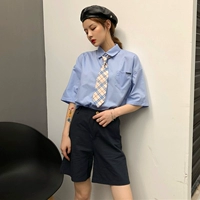 Bộ đồ thời trang nữ phiên bản Hàn Quốc ulzzang lỏng cà vạt màu ngắn tay + Học sinh dụng cụ giản dị quần short thủy triều sơ mi nữ dài tay hàn quốc