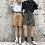 Mùa hè Hàn Quốc tại Harajuku bf retro màu rắn hoang dã dụng cụ giản dị quần short nam và nữ thẳng chân rộng năm quần s
