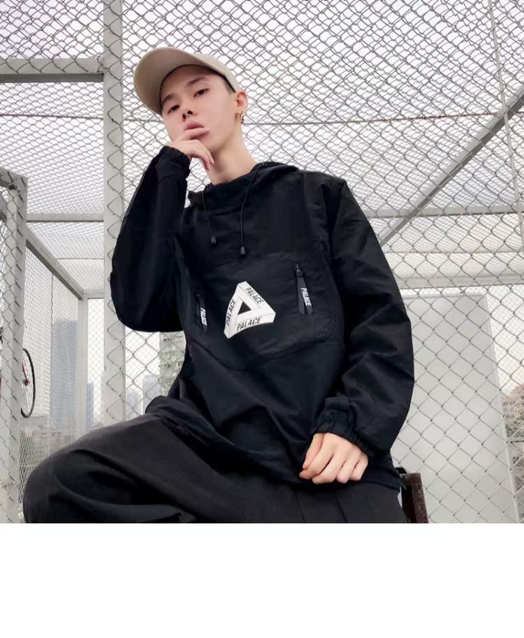 Palace ngực túi lớn đầu khâu áo khoác trùm đầu áo khoác gió áo gió hip hop khuôn viên đường phố nhảy nam áo gió 2 lớp