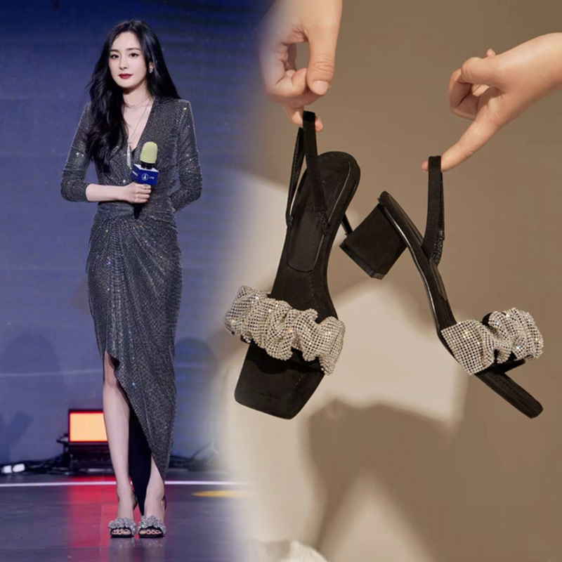 Yang Mi Style Sandals for Women, Summer 2026 New Model, Rhinestone Strap High Heels, Chunky Heel Fairy-Style Fashion Shoes