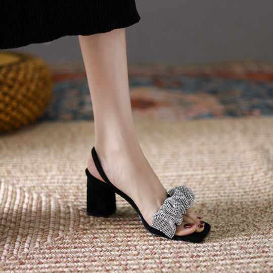 Yang Mi Style Sandals for Women, Summer 2025 New Model, Rhinestone Strap High Heels, Chunky Heel, Fairy Style Fashion Shoes