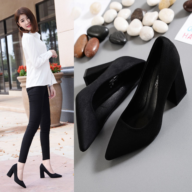 2021 New Spring and Autumn Pointy Heels Women Joker Black Suede Single Shoes Professional Work Shoes Gift Shoes