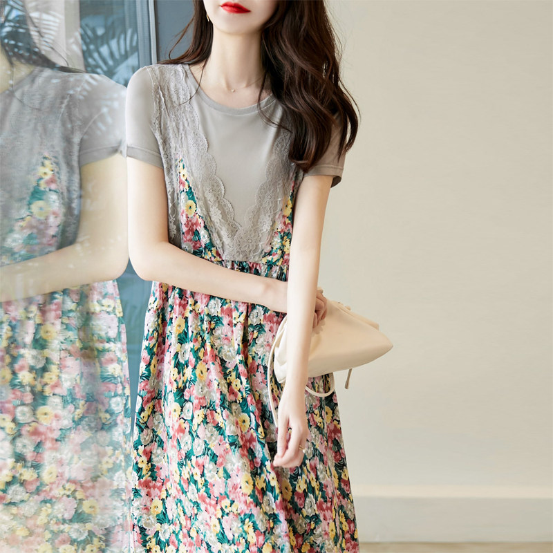 MAJE DVAWN 2021 new floral dress women's summer T-shirt stitching age-reducing leave two pieces of elegant temperament