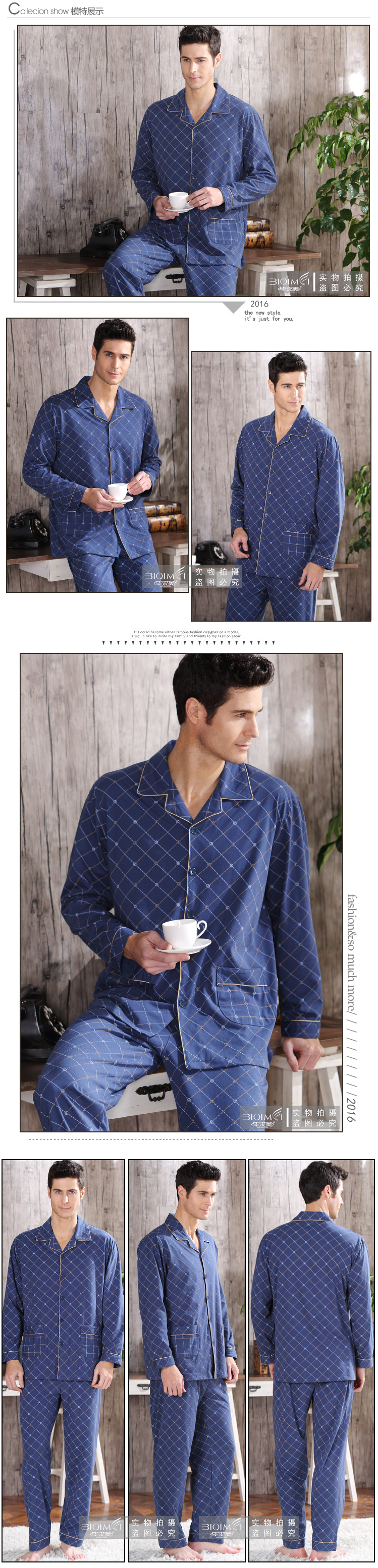 Đồ ngủ nam trung niên cotton dài tay mùa xuân và cotton mùa thu phục vụ nhà XL cộng với chất béo 佬 240 kg 4XL áo ngủ nam dài tay