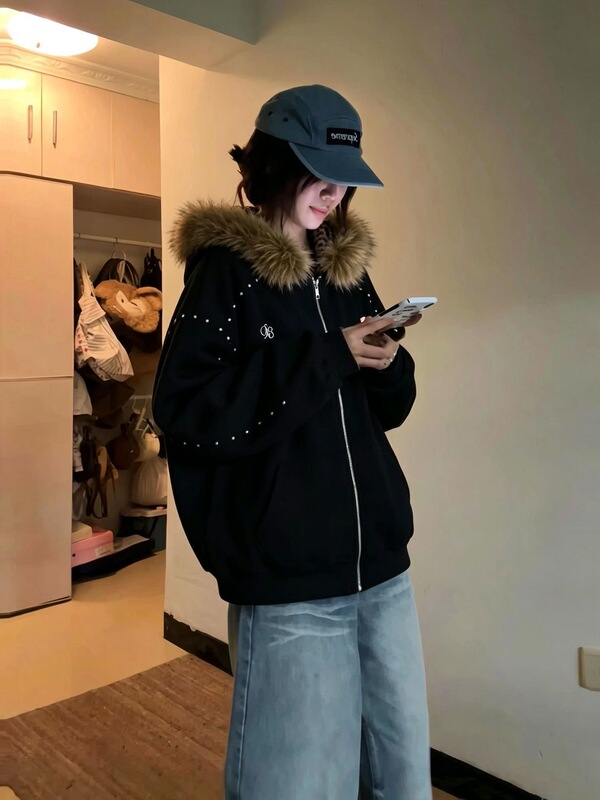 Vintage Fur Collar American Style Lazy Hooded Leopard Print Sweatshirt Cardigan with Rivet Patchwork in Casual Gray for Autumn