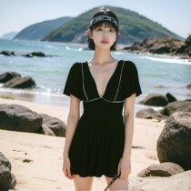 lulu cozy one-piece boxer skirt black and white conservative slimming belly-covering new swimsuit swimsuit for women