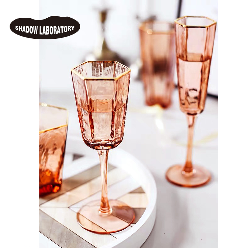 Ins wind rose gold stroke light luxury red wine glass champagne cocktail glass high-end household irregular water glass