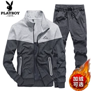 Bộ đồ thể thao Playboy nam mùa thu đông cộng với áo len cardigan dày nhung phù hợp với trang phục chạy bộ quần áo thể thao nam