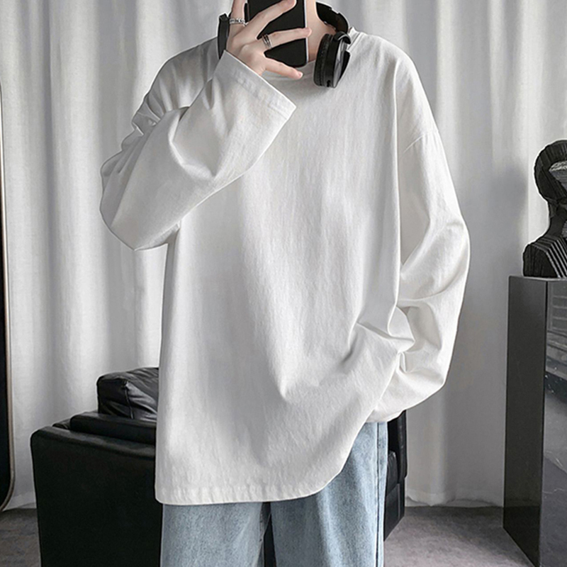 Men's Pure White Long-Sleeve T-Shirt for Spring and Autumn, Loose-Fitting Base Layer, Thin Trendy Top for Men