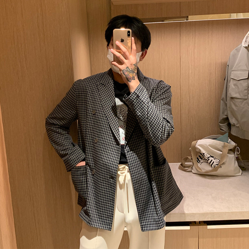 BROTHER autumn men's loose trendy casual clothes single west Korean ins net red houndstooth retro jacket suit