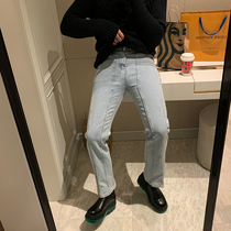 Brother Korean men fashion middle waist casual pants with small straight tube stacked design jeans long tide