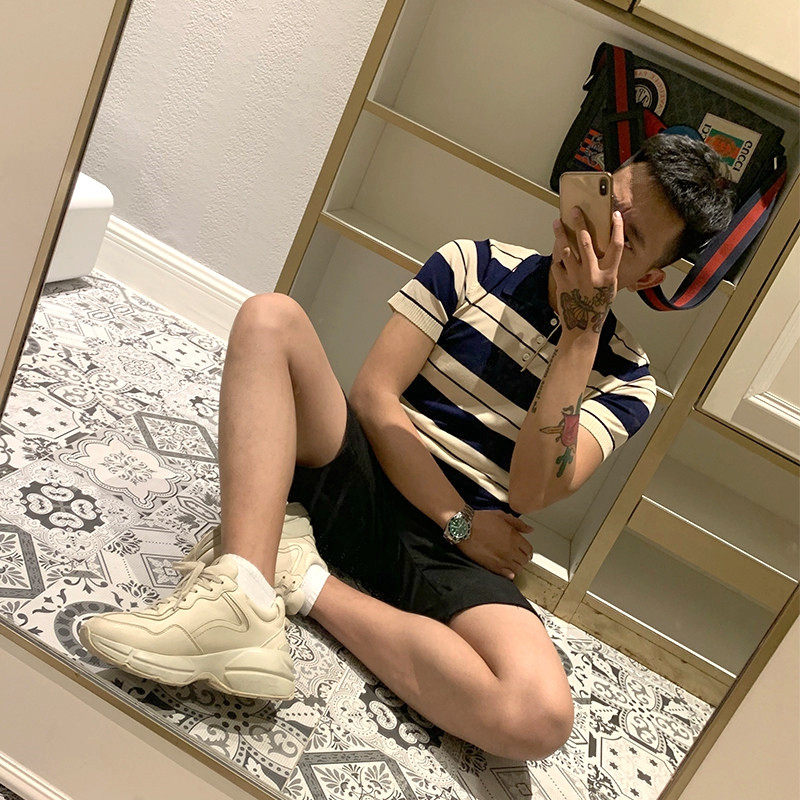 Brother Summer Homemade Man Large Strip-Link Knitted Short-sleeved Korean in POLO Ice Filament Shirt