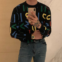 European and American autumn and winter men English irregular jacquard knitwear 2021 youth fashion fashion round neck Tide brand sweater