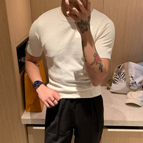 BROTHER Summer Mens Round Neck Knitted Short Sleeve American Vintage Fashion Stretch Jacquard Sweater Half Sleeve