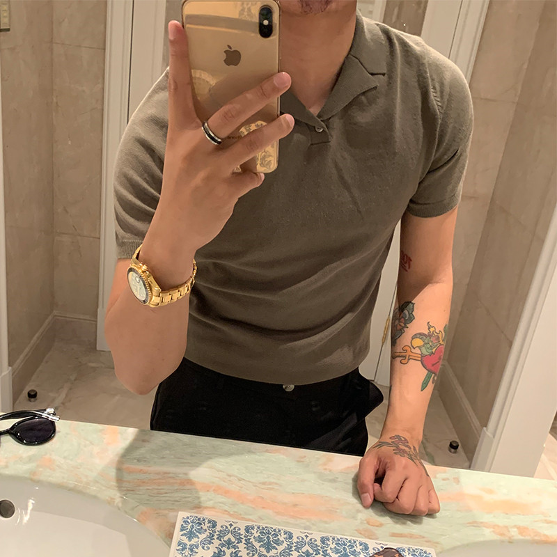 Ice silk polo shirt green light cooked wind t-shirt male slim body popular breathable thin knit t-shirt men short sleeves with collar