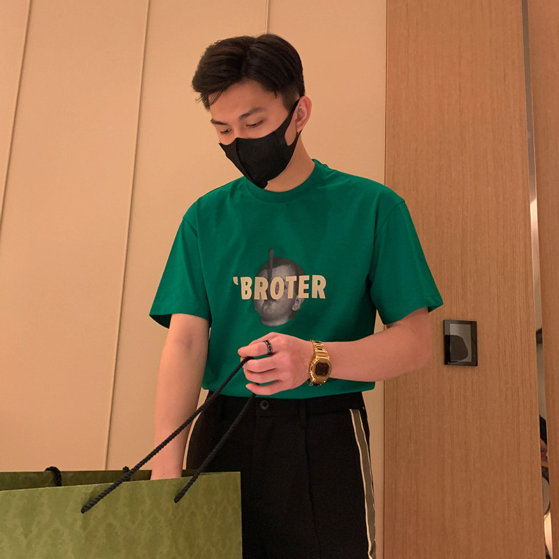 Summer popular printing short sleeve male 2023 new piece of collar relaxed and cool wind with high green and half sleeved T-shirt man