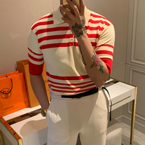 BROTHER English lapel half sleeve striped knitted short sleeve summer mens striped lapel polo shirt trend T-shirt