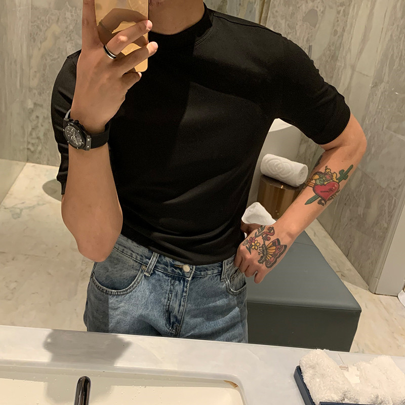 BROTHER Autumn Winter Men's Basic LeggingS T Short Sleeve Youth Lean Velvet Fabric Stretch Soft Top Tide