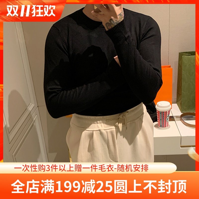 South Korea new autumn and winter men's round neck solid color knitted base Black and White classic pullover warm cotton sweater men