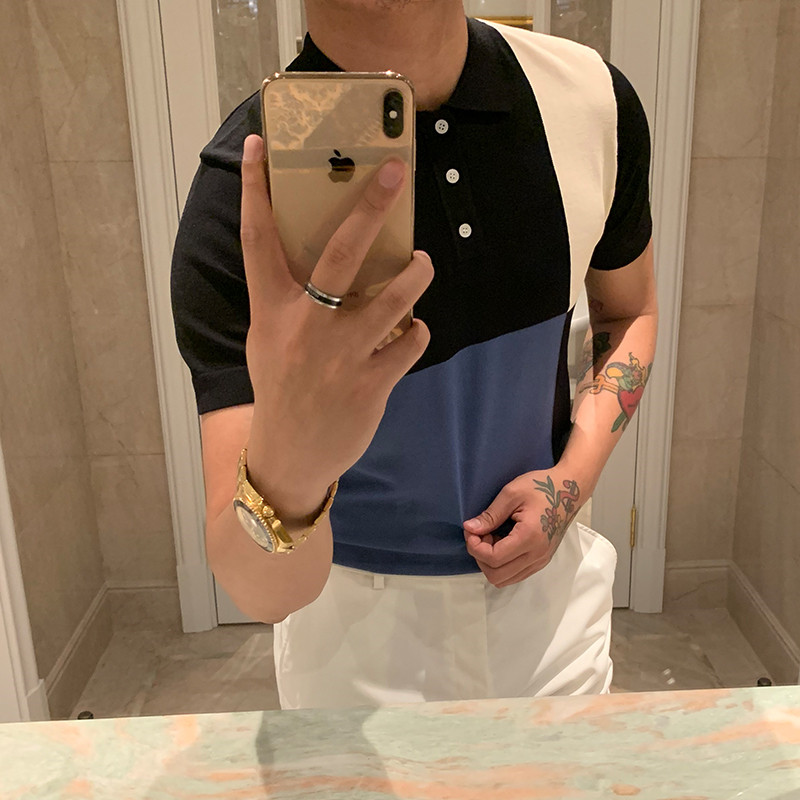 Paul polo shirt men summer wear new product popular color block ice silk half sleeve top casual knit shirt lapel short sleeves men