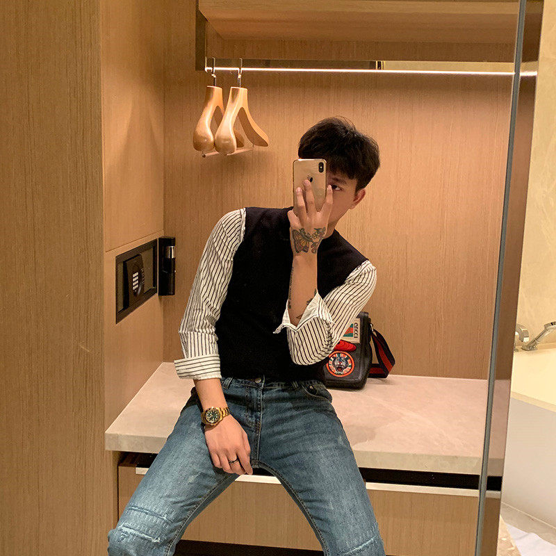 BROTHER new men's fake two-piece pullover knit 20SS Korea fashion light mature men's crewneck sweater tide