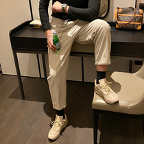 BROTHER autumn and winter mens straight tube comfortable elastic waist slacks Japanese retro corduroy ankle-length pants mens tide