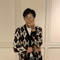 BROTHER autumn and winter youth V-neck cardigan small jacket 21 designer retro diamond totem trend sweater men