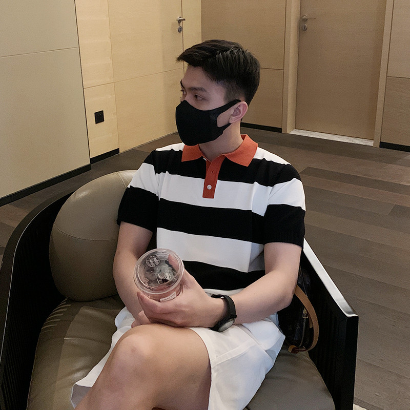 South Korea coloured roller short sleeve men summer new knitting cotton line thin pop striped polo shirt