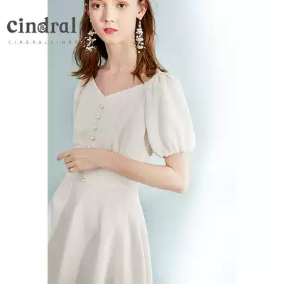 Hee skirt women 2021 new summer white V-neck dress waist thin temperament A- line dress bubble sleeves