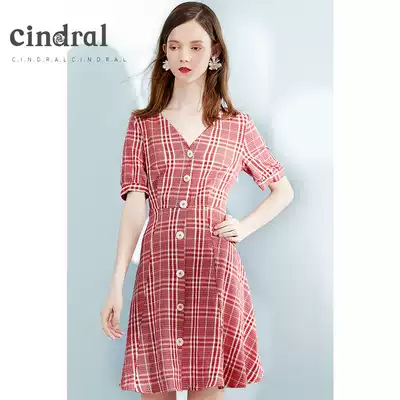 Hee skirt women 2021 summer new red plaid V collar short sleeve waist dress thin French romantic thin