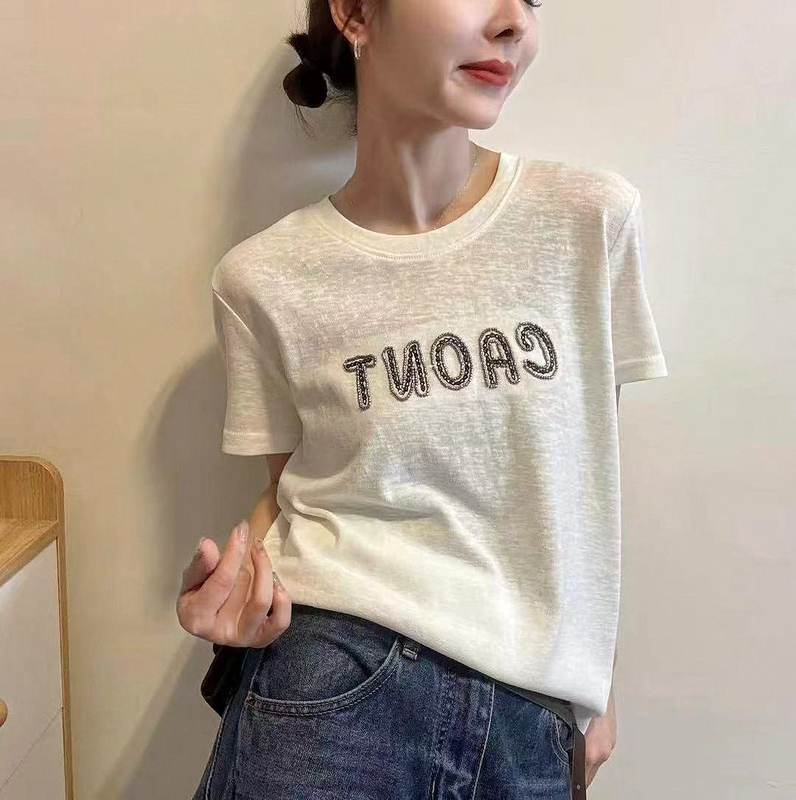 European-Style Tops 2026 New Spring/Summer Casual Simple Heavy-Duty Rhinestone Letter Round-Neck Short-Sleeve T-Shirt for Women