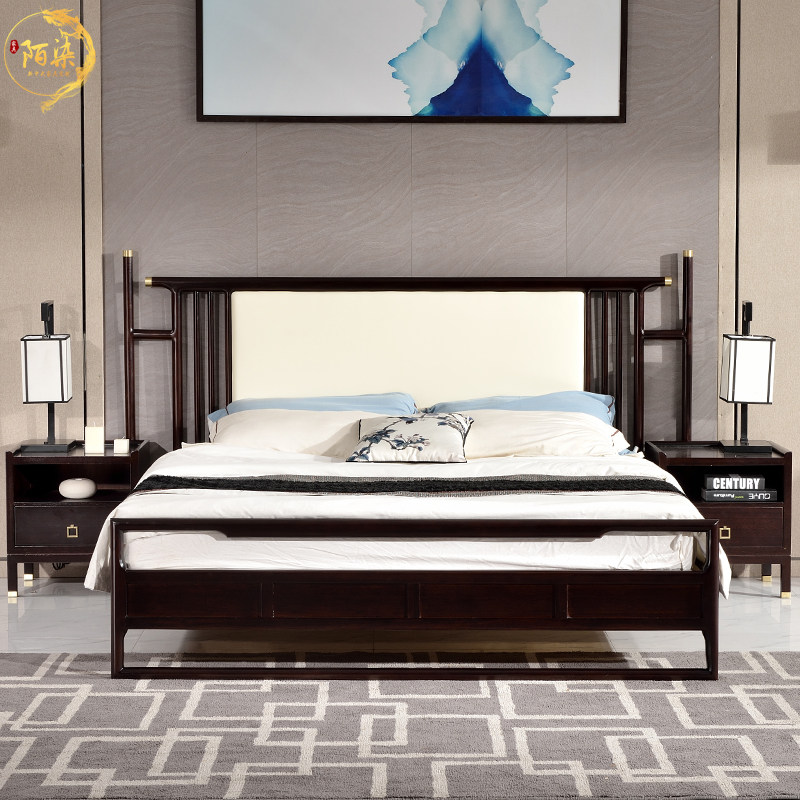 New Chinese style solid wood bed double bed ebony soft lean adult bed master bed light luxury hotel villa furniture customization - Taobao