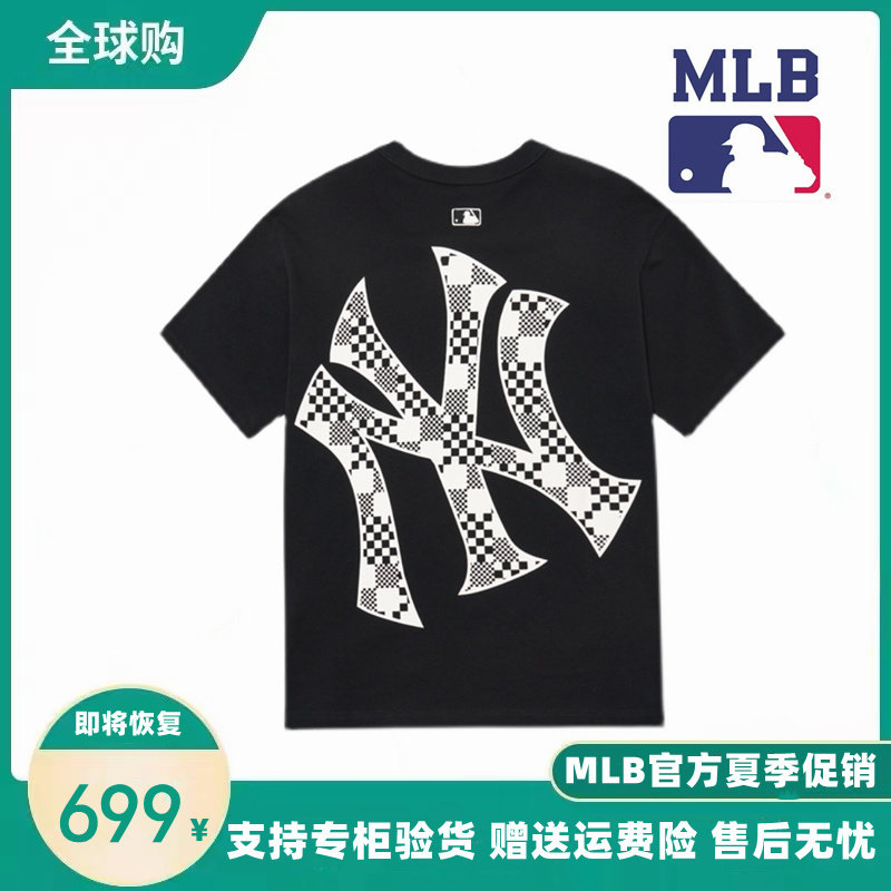 South Korea mlb short sleeve 2022 100 lap T-shirt Chessboard Grid Summer men and women with half-sleeve loose tide